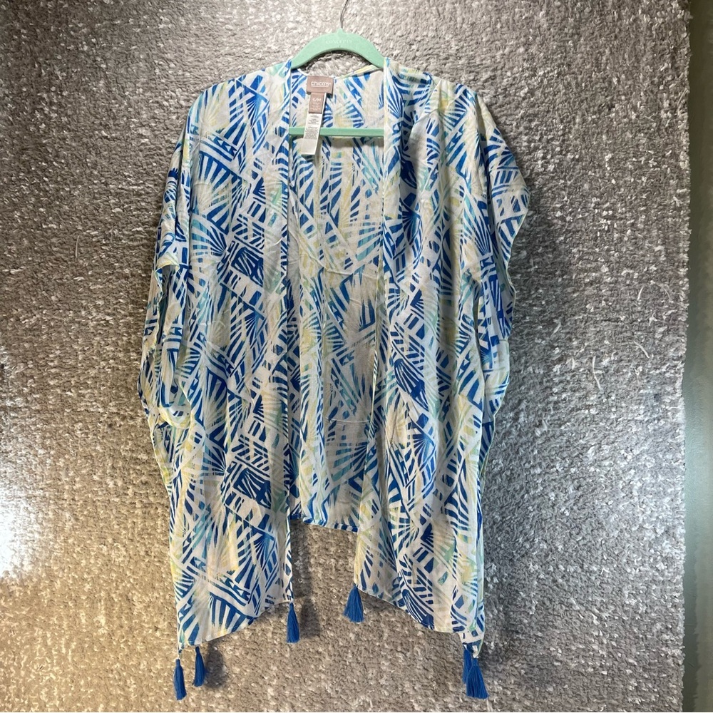 Chicoβs Women Blue Lightweight Cardigan Beachβ Tasseled S/M Rayon